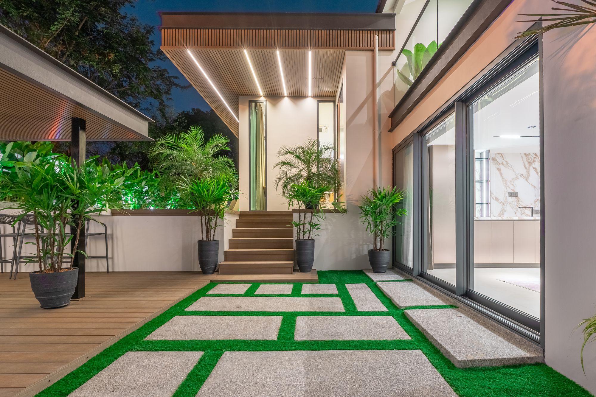 Outdoor lounge at night